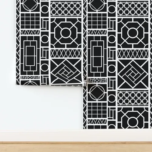 Miniatura 4 de Spoonflower Pelar y pegar muestra de papel tapiz - Enrejado Negro Círculos Blancos Graffiti Chinoiserie Palm Beach China Papel pintado extraíble