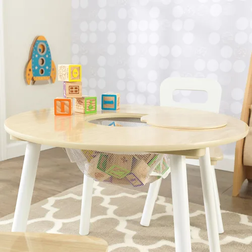 Miniatura 6 de KidKraft Conjunto de mesa de almacenamiento redondo y 2 sillas - Natural y blanco, 23.5 x 23.5 x 17.3