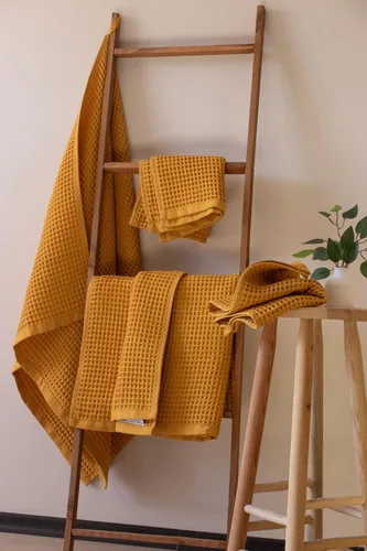 Miniatura 22 de PÜSKÜL - Paquete de 2 toallas de baño y spa de punto gofre, 100% algodón orgánico turco de alta calidad, fina de secado rápido, fabricadas en Beige