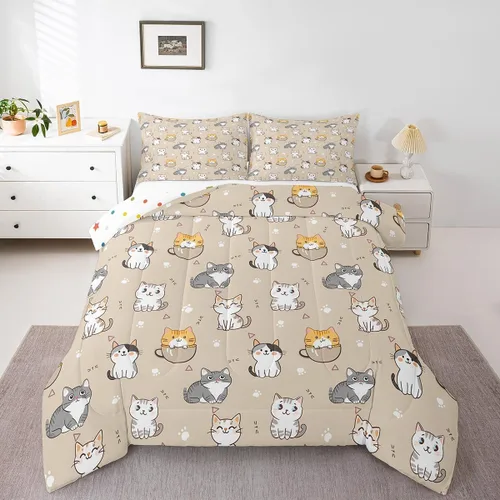 Erosebridal Juego de edredón de tamaño matrimonial con diseño de gatos y gatos, lindo juego de ropa de cama Kawaii para niñas y niños, juegos de