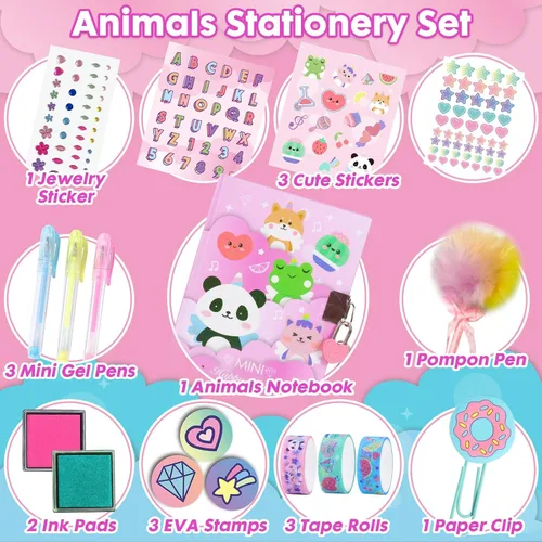 Miniatura 4 de Diario de animales para niñas con cerradura, juego de papelería de animales con diario secreto, sellos, bolígrafos, cuaderno de diario, regalo