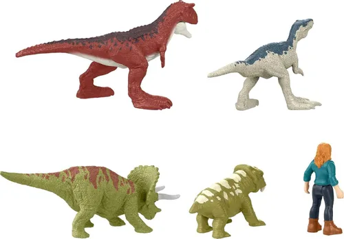 Miniatura 3 de Mattel Jurassic World Dominion Carnotaurus Clash Pack, 5 mini juguetes que incluyen 1 figura humana y 4 dinosaurios en paquete temático de camión