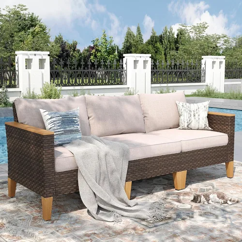 Miniatura 34 de PHI VILLA Otomana de mimbre para patio, 2 piezas, asiento otomano de mimbre para todo tipo de clima, reposapiés para exteriores con cojines