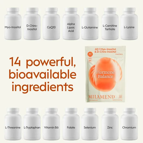Miniatura 5 de Milamend Equilibrio Hormonal para Mujeres 40:1 Myo-Inositol D-Chiro Inositol Suplemento + CoQ10, ALA y Aminoácidos – Fertilidad, Apoyo Ovarico