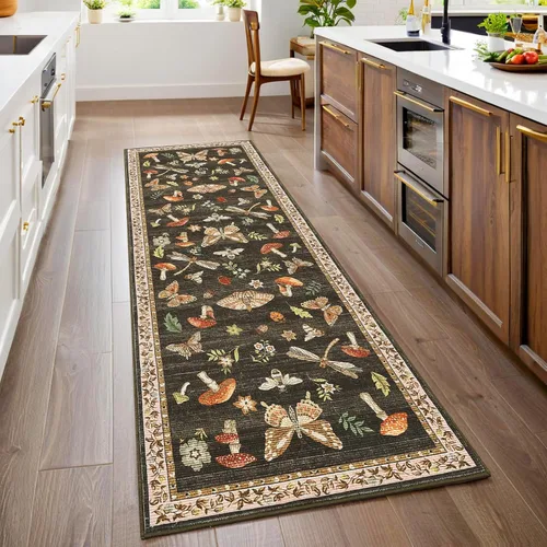 Miniatura 9 de ROYHOME - Alfombra con diseño de hongos e insectos, para pasillos, cocina o baño, antideslizante, lavable, suave, larga, 2 x 6, beige