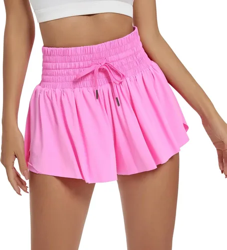 Blaosn Pantalones cortos deportivos fluidos para mujer, entrenamiento, correr, gimnasio, yoga, cintura alta con bolsillos, pantalones cortos para