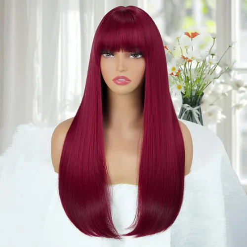 Miniatura 7 de Peluca larga negra con flequillo, pelucas lacias color negro mate natural para mujer, resistente al calor, peluca sintética con flequillo