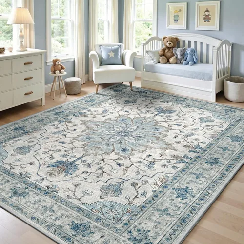 RELEANY Alfombras de 5 x 7 pies lavables antideslizantes, alfombra floral vintage con patrón de impresión envejecida y medallón, para sala de estar,