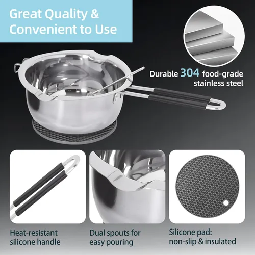 Miniatura 5 de Olla profesional de doble caldera de 40.6 fl oz/40.6 onzas, olla de fusión de chocolate de acero inoxidable 304 con placa caliente eléctrica de 1000