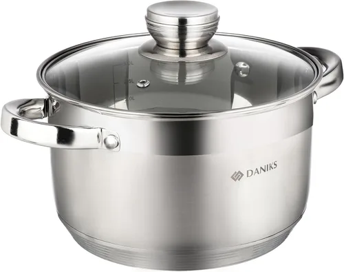 Miniatura 15 de Daniks Juego de utensilios de cocina estándar de acero inoxidable de 11 piezas con tapas de vidrio, incluye cacerola con tapa y sartén, bases