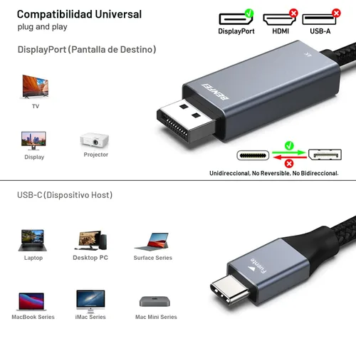 Miniatura 4 de BENFEI Cable USB-C a DisplayPort de 1,8 m (4K@60Hz 2K@144Hz), Cable USB Tipo-C a DisplayPort [Compatible con Thunderbolt 3/4] con iPhone 15 Pro/Max