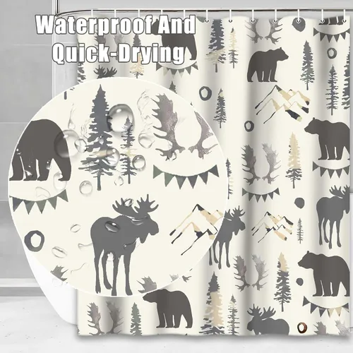 Miniatura 5 de Cortina de ducha de oso de 72 x 72 pulgadas, decoración de baño de bosque de montaña con ciervos y pinos, juego de tela impermeable con temática