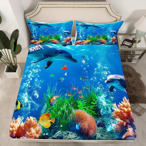 Miniatura 20 de Sábana bajera ajustable de tamaño individual para niños, diseño de animales marinos náuticos, juego de ropa de cama coral bajo el mar, juego de ropa