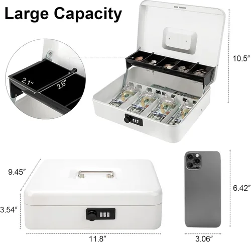 Miniatura 2 de Jssmst - Caja grande de seguridad de metal con bandeja para dinero; caja de dinero con cerradura de combinación, color blanco, SM-CB0511L Cerradura