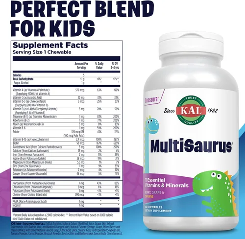 Miniatura 2 de KAL MultiSaurus - Multivitaminas masticables para niños, 11 vitaminas y minerales esenciales para niños, bayas, uva, naranja, sin gluten y fructosa
