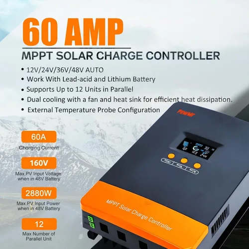 Miniatura 3 de Regulador de carga solar MPPT de 60 amperios PowMr, 12V/24V/36V/48V Auto, adecuado para batería de plomo-ácido y litio, entrada MAX 160V 2800W