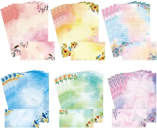 Juego de papel estacionario y sobres forrados con diseño de pájaros florales y acuarelas, con papel de escritura de letras forradas, 48 hojas + 24