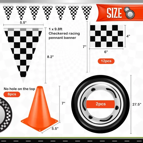 Miniatura 2 de Suministros de cumpleaños para fiesta de autos de carreras, tapete para correr de pista de carreras, mantel de carreras, pancarta a cuadros, 12
