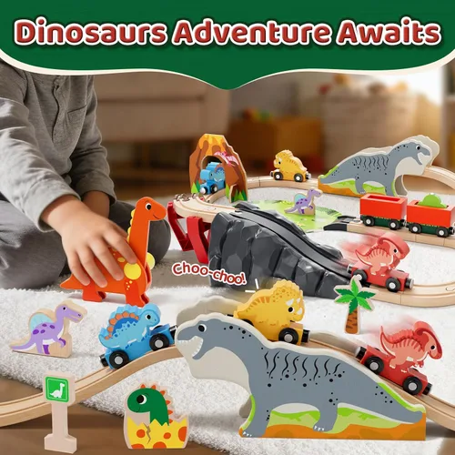 Miniatura 5 de Lehoo Castle Juego de tren de madera - Juego de tren de dinosaurio para niños pequeños de 2 a 4 años, pista de tren de madera, juguetes para niños