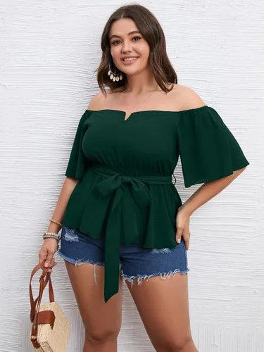 Miniatura 4 de SCOMCHIC Blusa peplum con hombros descubiertos para mujer, talla grande, media manga acampanada, cintura con lazo en la cintura, dobladillo