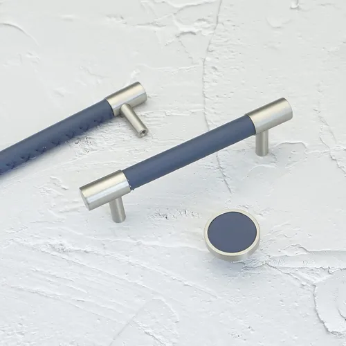 Miniatura 2 de Tirador de cuero azul de 3.78 pulgadas para armario, pomos de acero cepillado, accesorios modernos para muebles