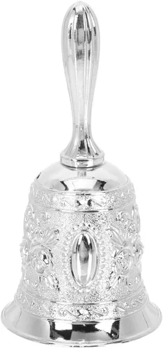 Vaguelly Campana de mano decorativa pequeña de 4.52 x 2.08 x 2.08 pulgadas, accesorio de instrumento musical plateado para escuela, educación, Plata
