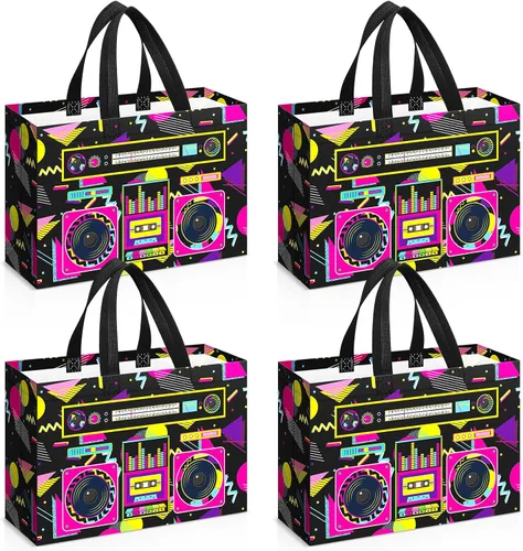 WILLBOND 16 bolsas de recuerdos de fiesta de los años 80 y 90 de 12 x 8 pulgadas, reutilizables, no tejidas, con asa, retro, de los años 80, hip