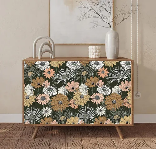 Miniatura 4 de Papel tapiz floral verde vintage, papel de contacto de flores bohemias, autoadhesivo, retro, extraíble, rollo de vinilo extraíble, hojas