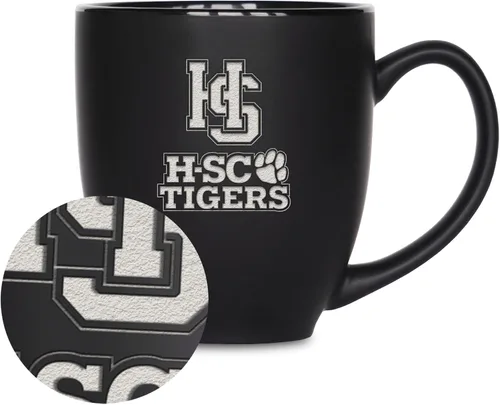 Miniatura 332 de Rico Industries - Taza de cerámica mate negra con grabado láser estándar de 15oz para NCAA (escuelas T & U) - Para bebidas calientes o frías