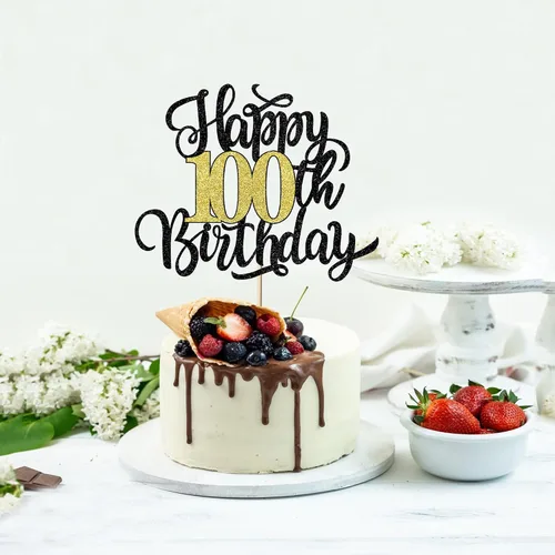 Miniatura 3 de Decoración para tarta de cumpleaños número 100, decoración de pastel de cumpleaños con purpurina negra y dorada, suministros de decoración de 100