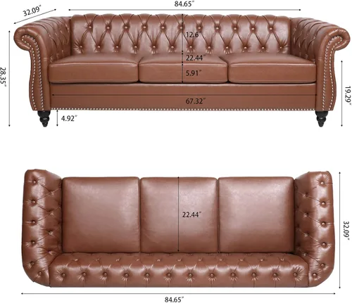 Miniatura 2 de Chesterfield - Sofá tapizado de piel sintética, con respaldo copetudo, sofá clásico de cuero de 3 plazas, brazo enrollado para sala de estar, Marrón