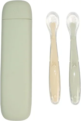 LITTLE RAWR Cucharas de silicona para bebés con caja de almacenamiento, punta suave para bebés de primera etapa, fácil en las encías, cuchara de