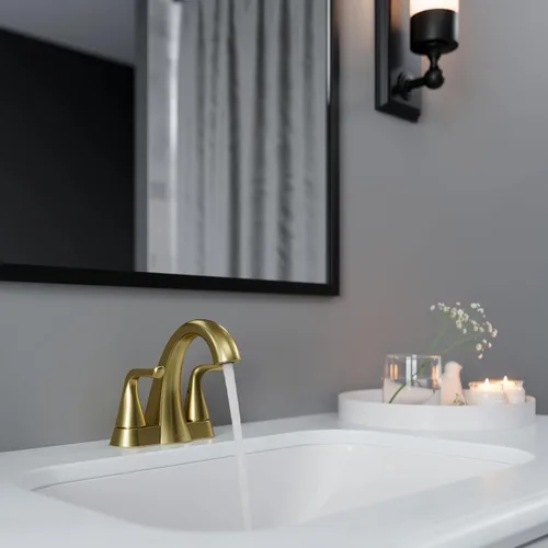 Miniatura 7 de Pfister Willa LF048MALBG - Grifo de lavabo de baño de 4 pulgadas, 2 manijas y 3 agujeros, certificado NSF, acabado dorado cepillado con drenaje