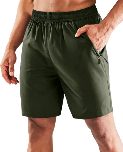 MIER - Pantalones cortos de correr para hombre, de secado rápido, con bolsillo con cremallera, cintura elástica, pantalones cortos atléticos para