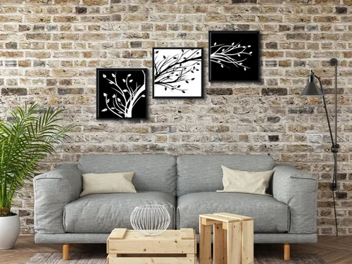 Miniatura 4 de Wieco Art - Hojas enmarcadas modernas de 3 paneles, arte de flores en lienzo, impresiones en negro y blanco, árboles florales abstractos, pinturas