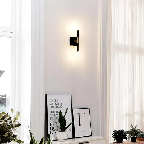 Miniatura 3 de GLOBE Electric 65000044 Aplique de pared de 2 luces, negro mate, acento de latón antiguo, zócalos de base E12, luces para sala de estar, decoración