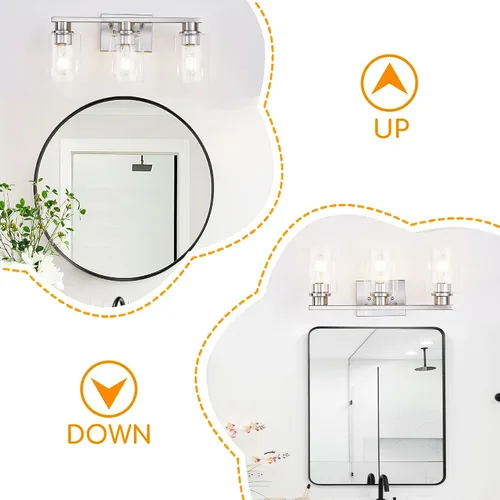 Miniatura 5 de Lámpara de tocador de baño de níquel cepillado, aplique de pared de 3 luces de 18 pulgadas con pantallas de vidrio transparente, iluminación moderna