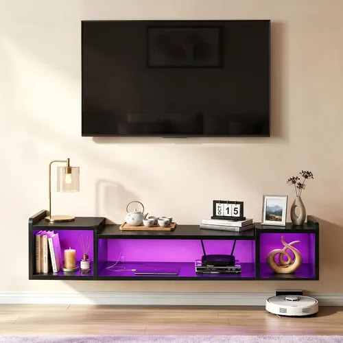 Miniatura 5 de Romorgniz - Soporte de TV flotante de 55.1 pulgadas de ancho con luces LED y tomas de corriente para televisores de 50, 55, 60, 65 pulgadas, centro