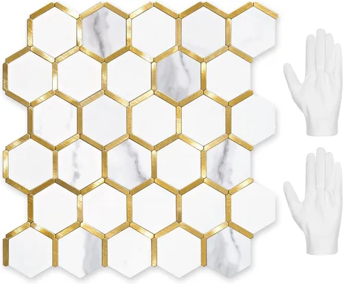 Miniatura 14 de STICKGOO Azulejo Hexagonal de Pelar y Pegar para Salpicadero, Salpicadero Adhesivo para Cocina y Baño, Aspecto de Pizarra Oxidada PVC Mezclado Metal