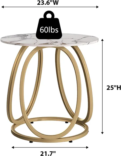 Miniatura 2 de O&K FURNITURE Mesa auxiliar dorada para sala de estar, mesa auxiliar redonda con piedra de mármol, mesita de noche con marco de metal