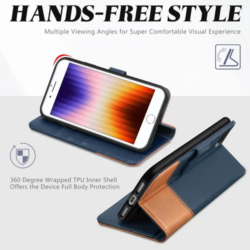 Miniatura 4 de TUCCH Funda tipo cartera para iPhone SE 2022/SE 2020/iPhone 8/7, de piel sintética de alta calidad con soporte, ranura para tarjetas, cierre Azul