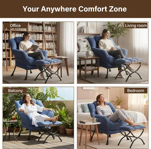 Miniatura 7 de Welnow - Silla perezosa con otomana, moderna silla de descanso con reposabrazos y bolsillo lateral, sillón de sofá tapizado de ocio, sillón de Azul