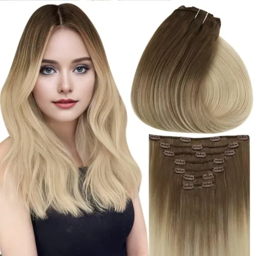Miniatura 25 de Vivien Extensiones de cabello humano con clip, color negro azabache, extensiones de cabello humano real con pinzas invisibles, doble trama, 14