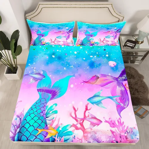 Miniatura 12 de Erosebridal Sábanas de cama de sirena azul para niñas, bonita sábana bajera ajustable de unicornio, 2 piezas, ropa de cama de arcoíris femenino