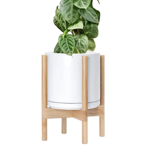 Miniatura 100 de D'vine Dev Maceta de cerámica con soporte de ébano – Maceta redonda moderna de 8 pulgadas con soporte para maceta de madera, color negro, 55-B-M-2
