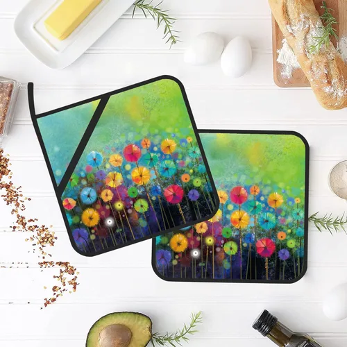 Miniatura 4 de Juego de 2 soportes para ollas de pintura de acuarela floral abstracta, resistentes al calor, para microondas, horno, horno y barbacoa