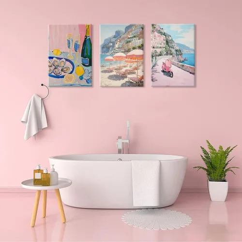 Miniatura 7 de HNNXAR Amalfi Coast - Lienzo decorativo para pared, pintura italiana de playa, pintura artística italiana, fruta, champán, juego de 3, decoración