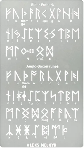 Aleks Melnyk No.409 - Plantilla de metal, Futhark Elder, Runas anglosajonas de 0.5 pulgadas, alfabeto antiguo, plantilla de alfabeto mágico de