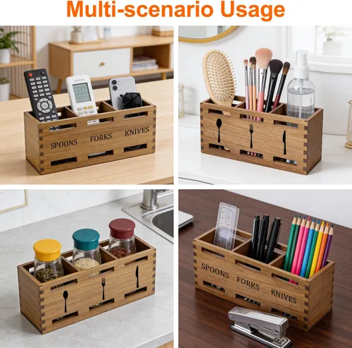 Miniatura 6 de Organizador de cubiertos de madera de granja, soporte para cubiertos de madera de acacia, para encimera de cocina, organizador de cubiertos, cuchara