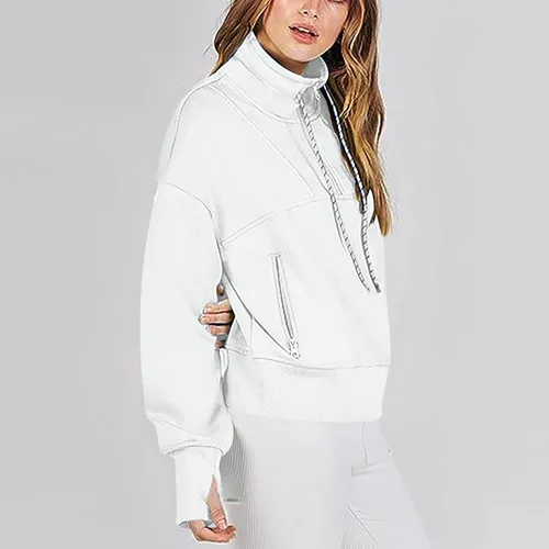 Miniatura 7 de Women's Quarter Zip Up Lapel Sweatshirt Trendy Cropped Drawstring Sweatshirt with Thumb Hole Loose Long Sleeve Workout Tops